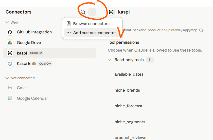 Add custom connector: добавленный коннектор Kaspi со ссылкой и инструментами
